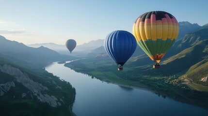 Naklejka premium Hot air balloons flying over a serene mountain vista with a river winding through, calm and harmonious setting