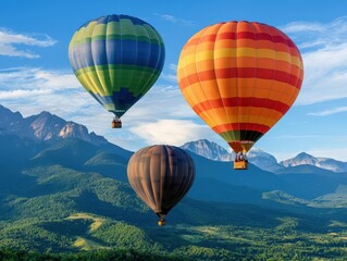 Obraz premium Hot air balloons soaring above a lush green valley with mountain peaks in the background, peaceful and idyllic