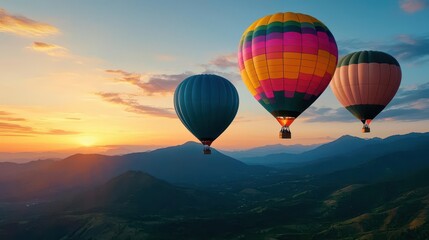 Fototapeta premium Balloons drifting over lush green mountains at sunset, tranquil and peaceful, warm light filtering through clouds