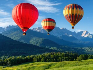 Naklejka premium Hot air balloons soaring above a lush green valley with mountain peaks in the background, peaceful and idyllic