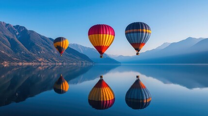 Obraz premium Vibrant hot air balloons floating above a calm mountain lake, reflecting in the still water, tranquil setting