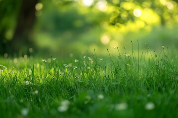 Fototapeta premium Green grass field with blurred background during summer, background