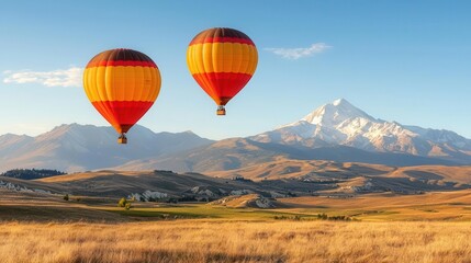 Obraz premium Hot air balloons gliding over rolling hills and snow-capped peaks, peaceful and expansive mountain view