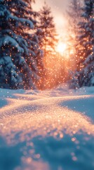 Snowy Landscape with Trees in a Blurred Forest
