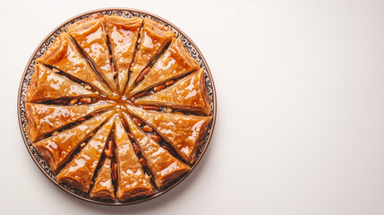 Delicate, golden Baklava layers with a crispy texture, filled with chopped nuts and drizzled with honey syrup, arranged on a decorative plate