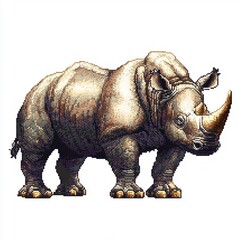 Obraz premium Pixel Art Rhinoceros with Prominent Golden Horn in Detailed Style