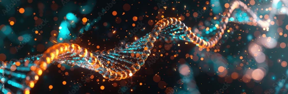 Poster dna double helix in a digital form, illuminated by glowing particles