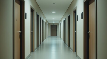 A long, empty corridor lined with doors leads to various rooms within a modern office, clinic, or apartment building. The neutral-colored walls and clean lines create a sleek