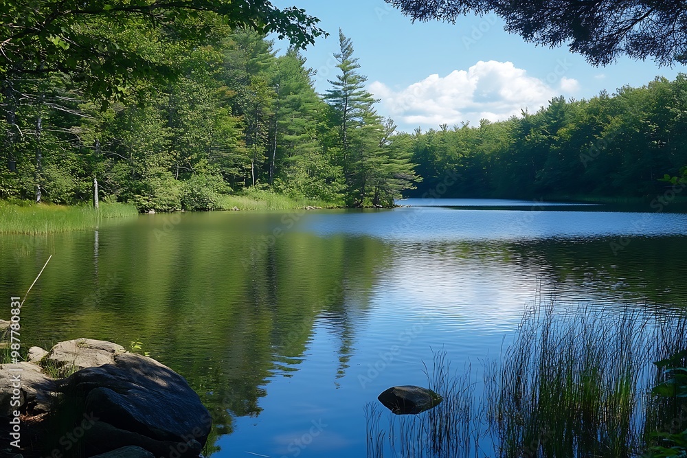 Poster Tranquil Forest Lake Landscape with Lush Greenery, Clear Blue Water and Fluffy White Clouds