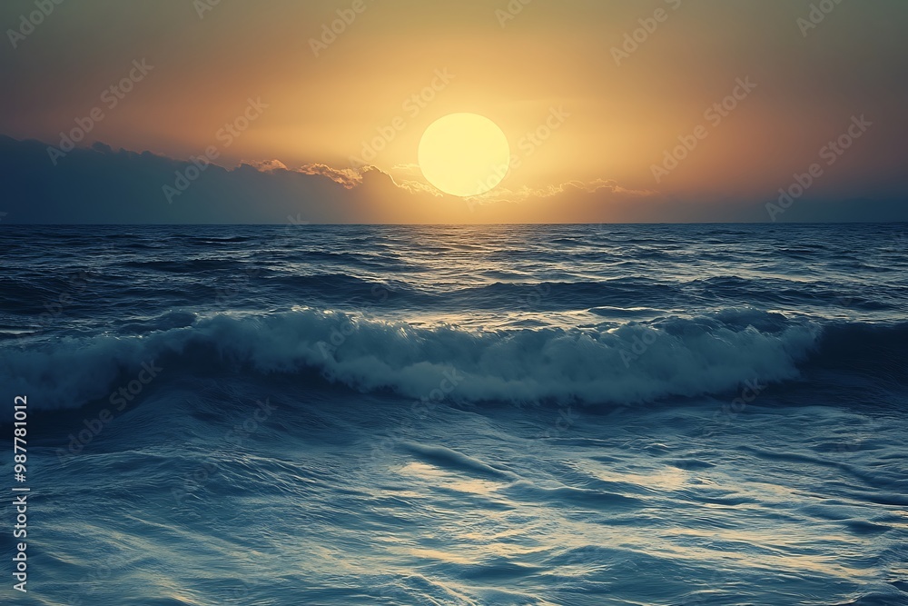 Poster Ocean Sunset with Waves Crashing on the Shore