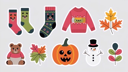 Stickers set of socks, sweater, pumpkin, snowman. Autumn leaves. Cute pictures on a white background.