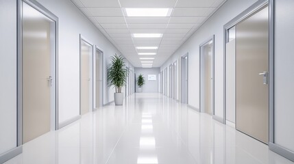 Fototapeta premium A long, empty corridor lined with doors leads to various rooms within a modern office, clinic, or apartment building. The neutral-colored walls and clean lines create a sleek