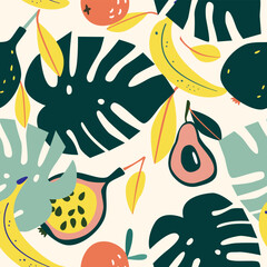 Seamless pattern with tropic leaves and fruits. 