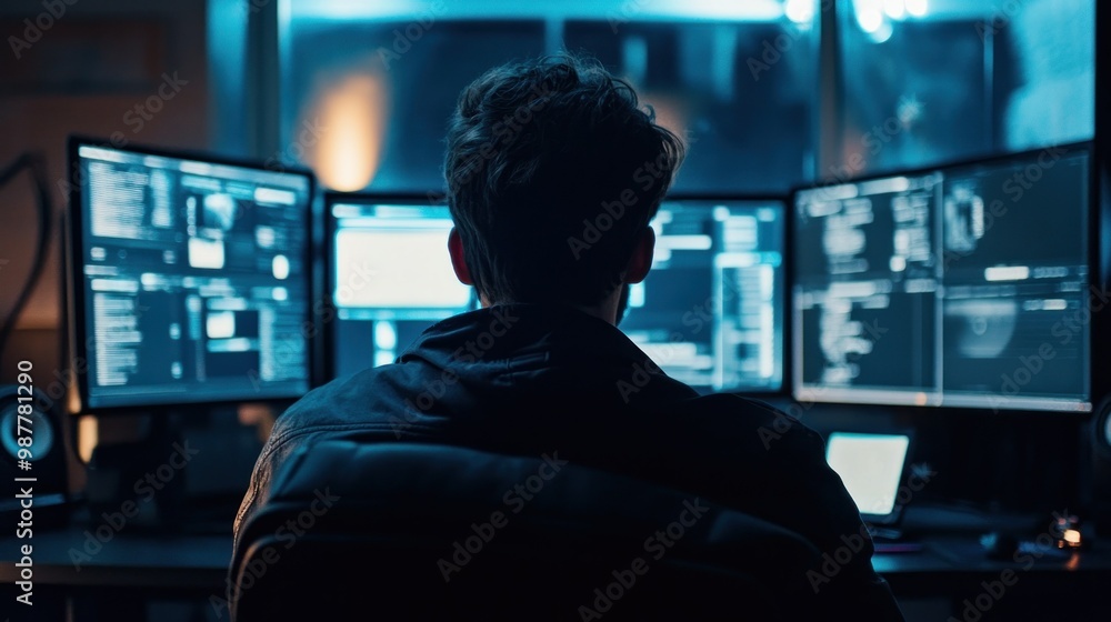 Aufkleber a man sitting in front of multiple computer monitors in a dark room
