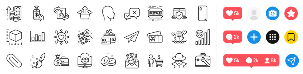 Boarding pass, Fastpass and Bribe line icons pack. Social media icons. Send box, Paper plane, Honeymoon cruise web icon. Paint brush, Buyer, Laptop insurance pictogram. Vector