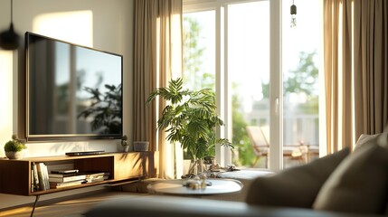 A stylish modern apartment interior featuring a cozy living room with a Scandinavian design aesthetic. The room is bathed in sunlight from large windows adorned with elegant curtains