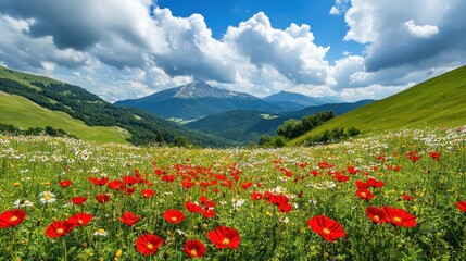 A vibrant meadow filled with red poppies and wildflowers, set against a mountainous backdrop.