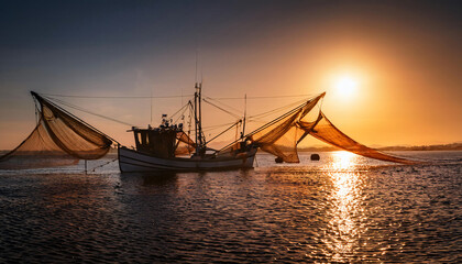 Naklejka premium Fishing Nets Draped Over the Bow at Sunrise
