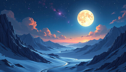 Illustrate a serene view of a moonlit landscape on an alien planet, with distant galaxies shining brightly in the sky, evoking a sense of peace and tranquility.