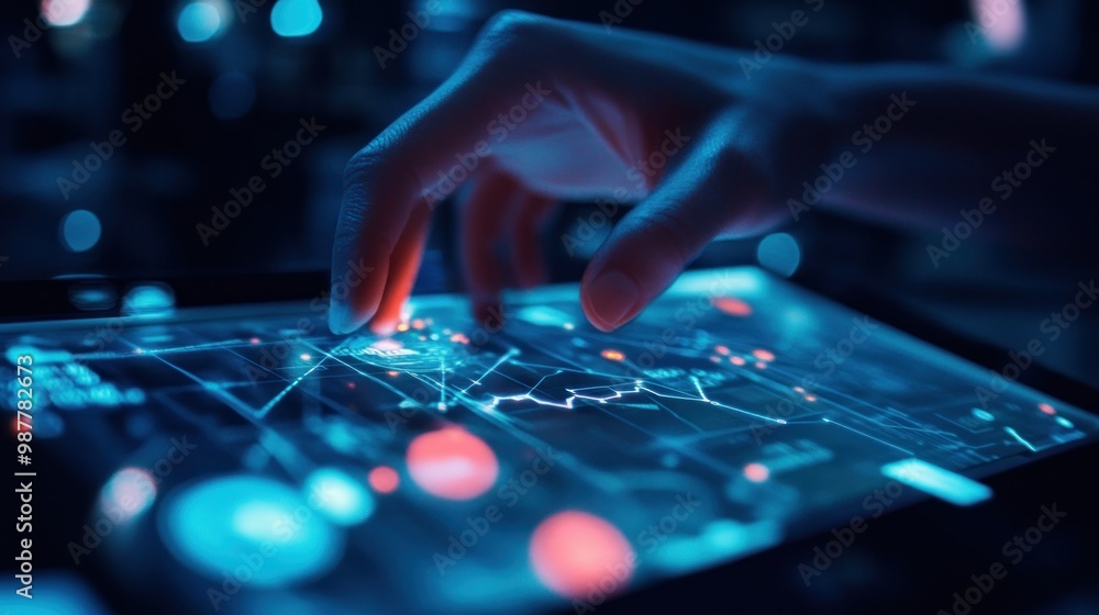 Poster hand interacting with digital data on a tablet screen