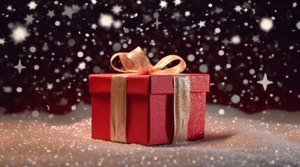 Red Gift Box With Gold Bow Under Snowfall