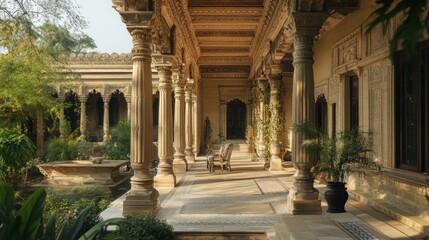 Obraz premium Ornate Courtyard with Columns and Sunlight in an Indian Palace