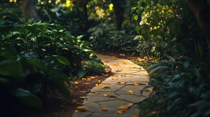 A serene stone path winding through lush greenery, inviting exploration and tranquility.