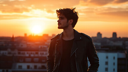 Fototapeta premium A young man in a leather jacket stands on a rooftop as the sun sets over the city.