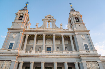 Almudena Cathedral in Madrid, Spain, at dusk