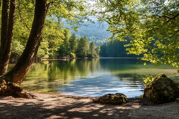 Naklejka premium Tranquil forest lake with lush greenery and clear blue water