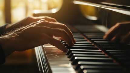 Elegant Hands Playing Piano in Soft Light