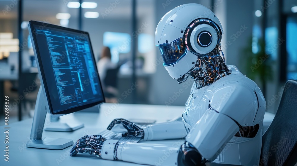 Poster humanoid robot working at a computer in a modern office