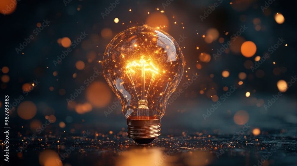 Poster glowing light bulb with sparkles and bokeh