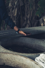 Earthworm in hand with dark background