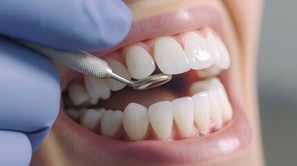closeup of dentist cleaning patient's teeth with dental floss during oral hygiene procedure