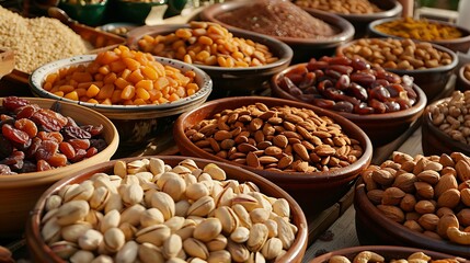 Snacks nuts and dried fruits in various dishes