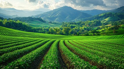 Lush green fields stretch across rolling hills, framed by majestic mountains under a cloudy sky, This image is ideal for agriculture, landscape