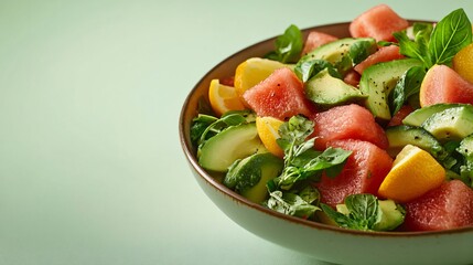 A watermelon and avocado salad with citrus dressing, isolated on a light green background to highlight the fresh and vibrant ingredients
