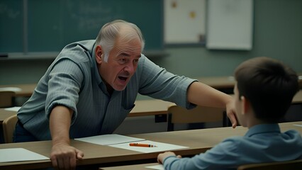 Male teacher 60 years old yelling at little boy at desk in school