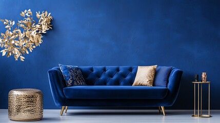 Adorn your living room with an opulent aesthetic featuring a plush blue velvet sofa, a chic golden side table, a cozy pouf, vibrant pillows, and exquisite home d&eacute;cor