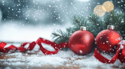 Christmas background with red ribbons and snow on blurred background