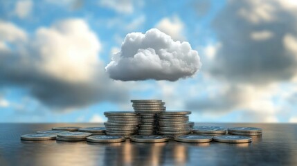 Cloud-Shaped Coin Stack Against A Cloudy Sky