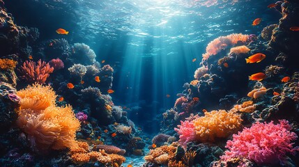 Obraz premium Tropical sea underwater fishes on coral reef. Aquarium oceanarium wildlife colorful marine panorama landscape nature snorkel