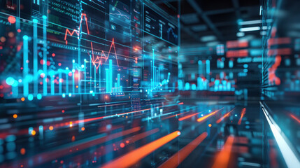 Virtual AI assistants working on complex financial management tasks, glowing data streams fill the air