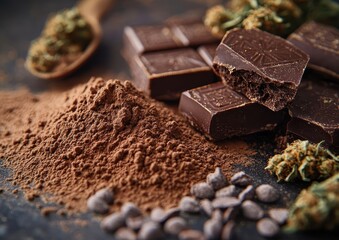 Rich dark chocolate pieces with cocoa powder and green herbal accents create a mouthwatering composition, ideal for food blogs, product promotions, or culinary articles,
