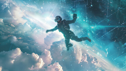 Virtual reality skydiving where adventurers fall through clouds of data and light