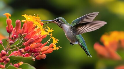 Fototapeta premium Hummingbird Feeding on Vibrant Flowers