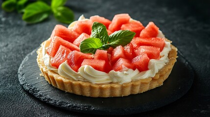 A watermelon tart with a cream cheese frosting, isolated on a dark charcoal background for a dramatic, gourmet dessert look