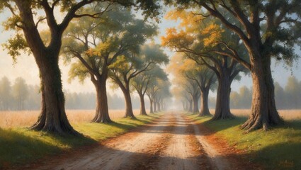 A serene tree-lined path bathed in warm sunlight