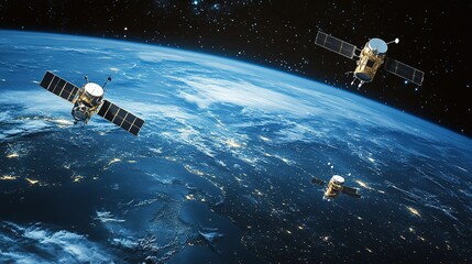 A stunning view of Earth with multiple satellites orbiting, showcasing the vastness of space and advanced technology in satellite communications.